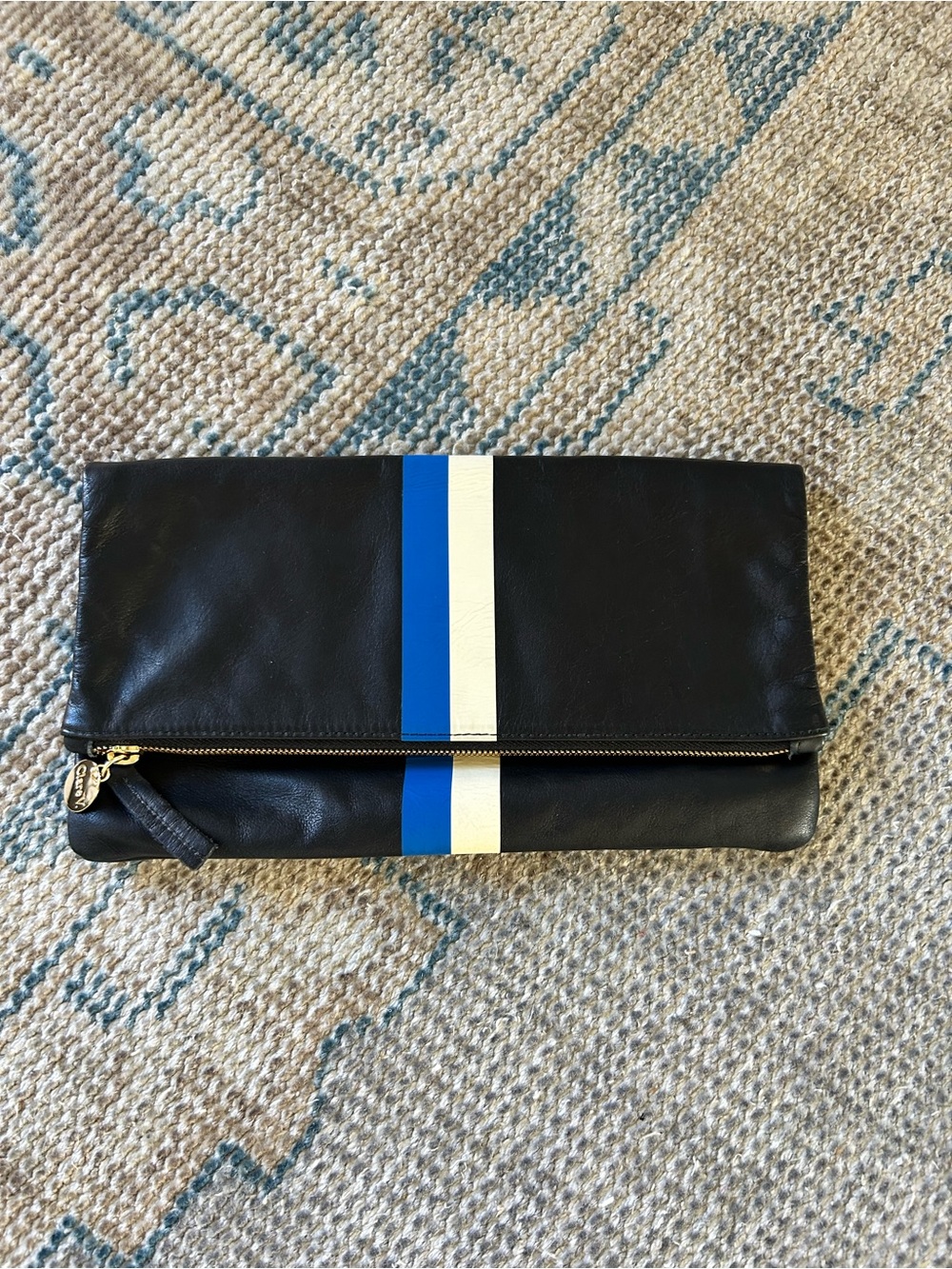 Clare V Black Leather Foldover Clutch with Blue and White Stripe